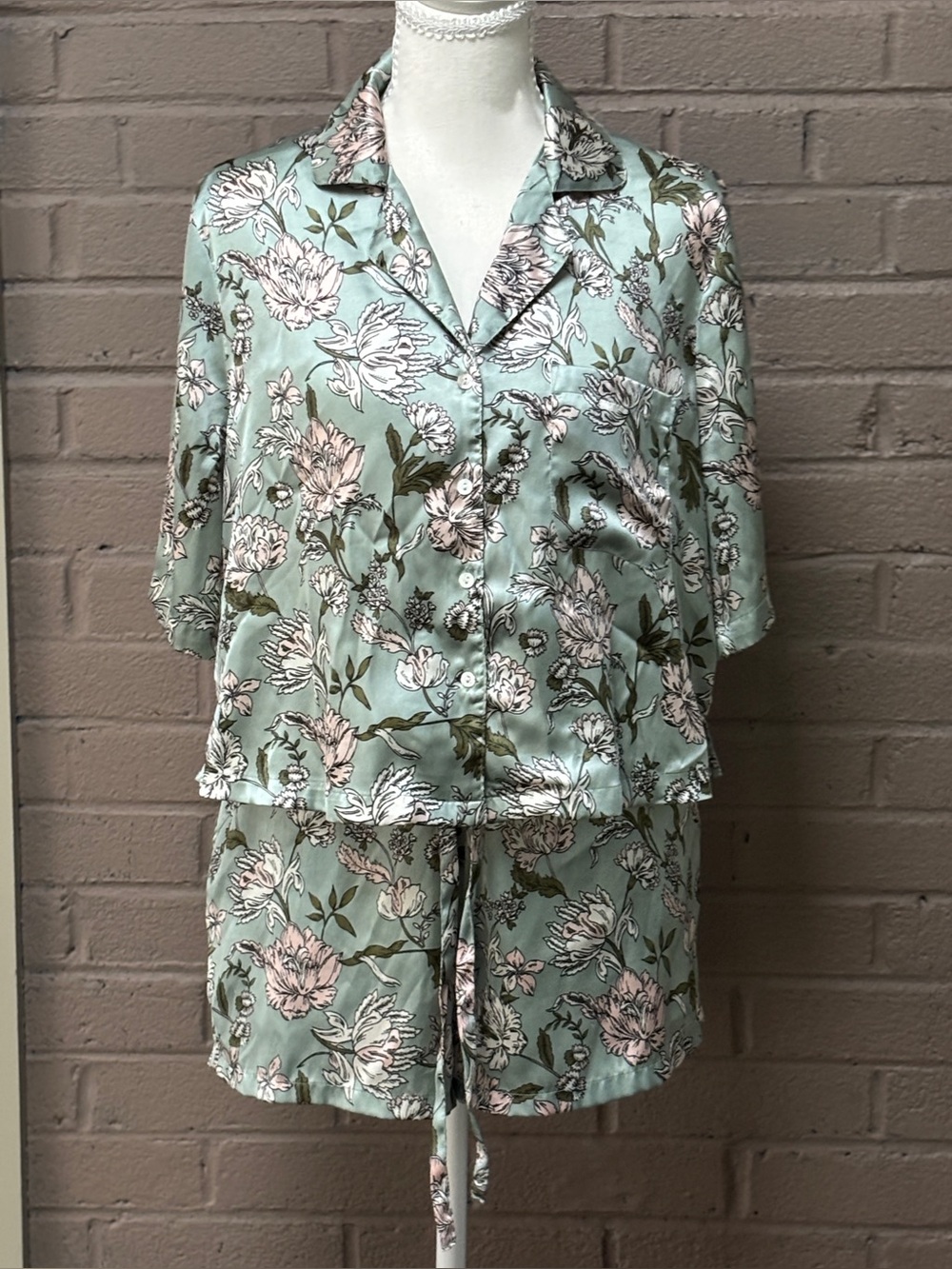 Joie Mint Floral Satin Short Pajama Set S
